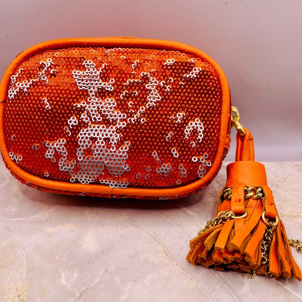 orYANY Orange and Silver Sequin Small Leather Pouch Clutch with Tassel. Purse